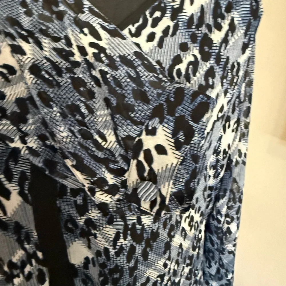 CAbi Fatale Blue and Black Leopard Print Sheer Blouse